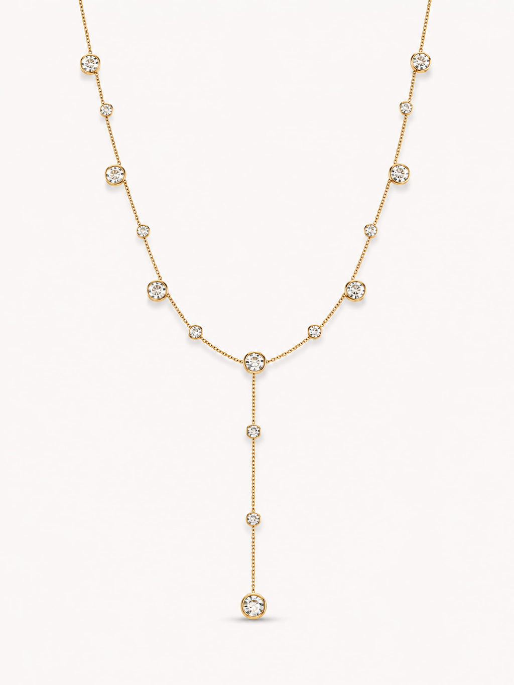 18K gold plated bezel cubic zirconia Y-drop necklace on white background