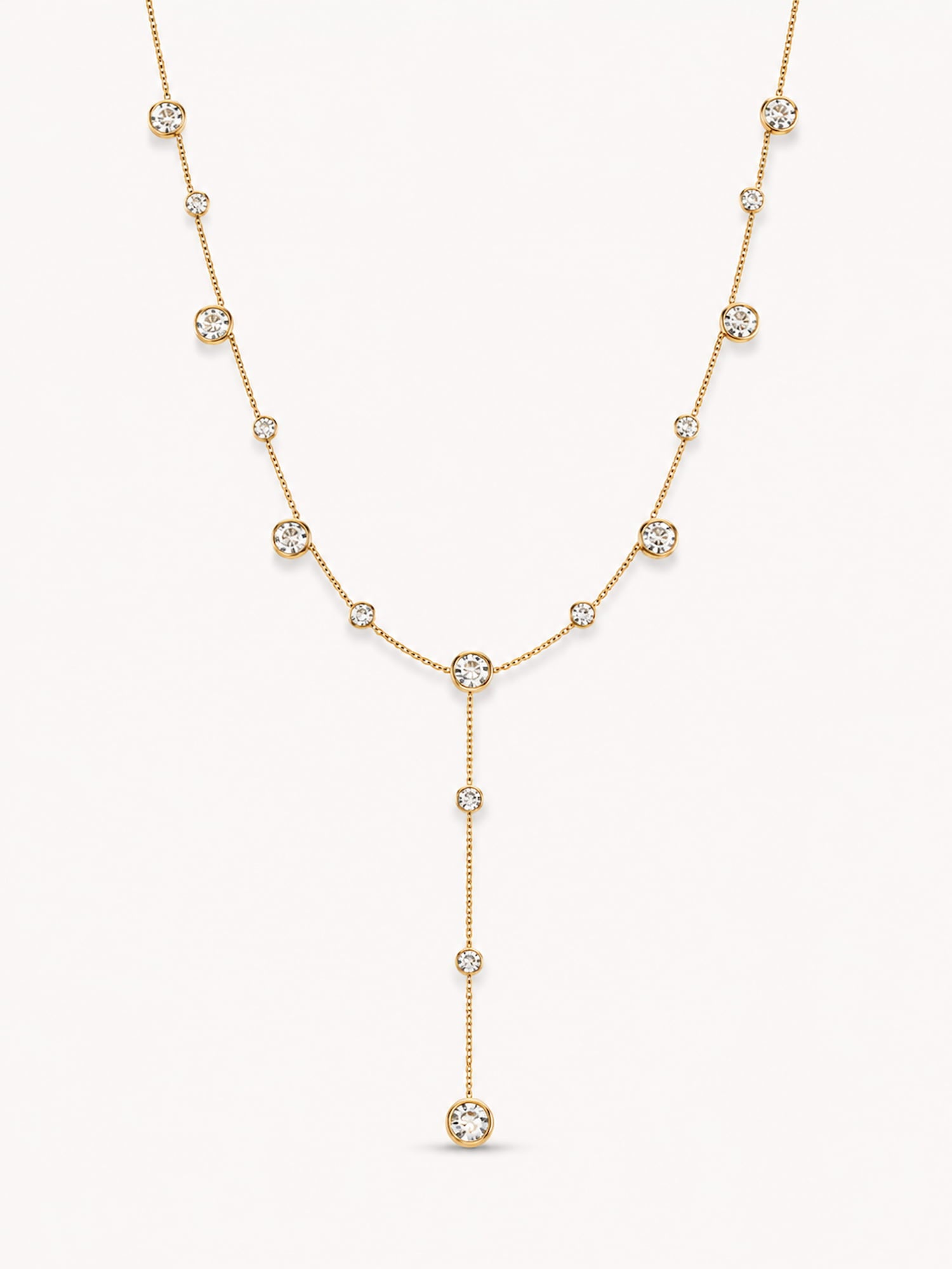 18K gold plated bezel cubic zirconia Y-drop necklace on white background
