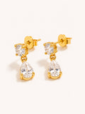 Gold drop stud earrings featuring round and pear-cut clear cubic zirconia stones in premium stainless steel.