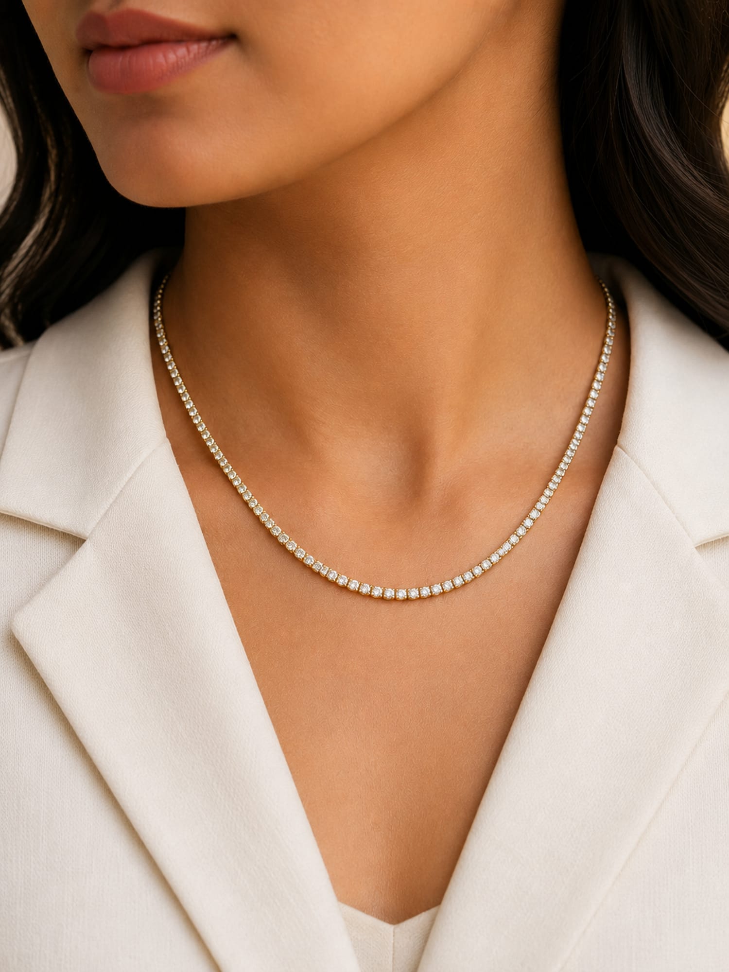 A close-up of a model wearing a delicate, single-row diamond tennis necklace with a white pearl-like finish, styled with a white blazer.