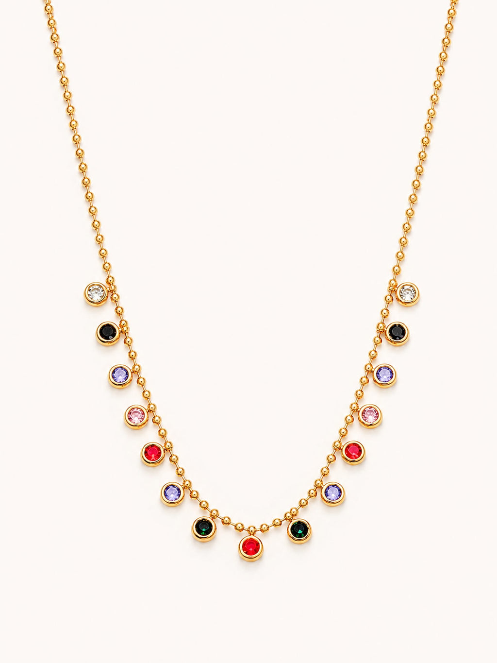 18K gold plated multicolor bezel station necklace with colorful crystal accents on white background