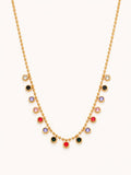 18K gold plated multicolor bezel station necklace with colorful crystal accents on white background