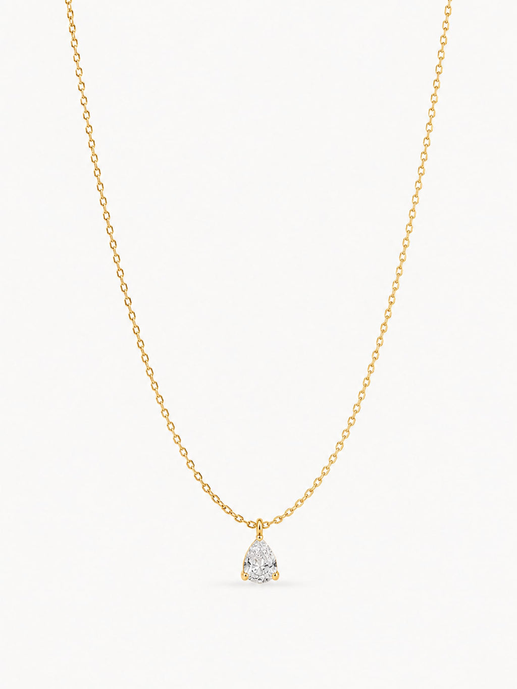 Pear cut white CZ pendant necklace in 18K gold plated stainless steel with a minimalist chain.