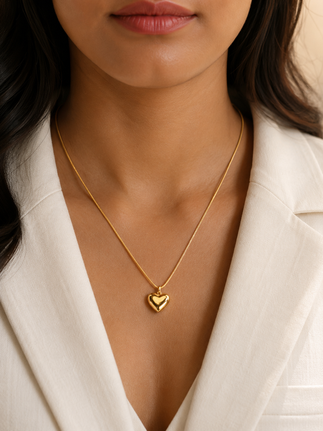 A close-up of a model wearing a delicate gold chain necklace with a small, polished gold heart pendant, styled with a white blazer.